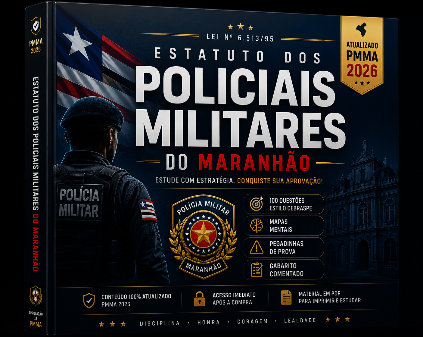 Mockup 3D do e-book Estatuto dos Policiais-Militares do Maranhão — PMMA 2026